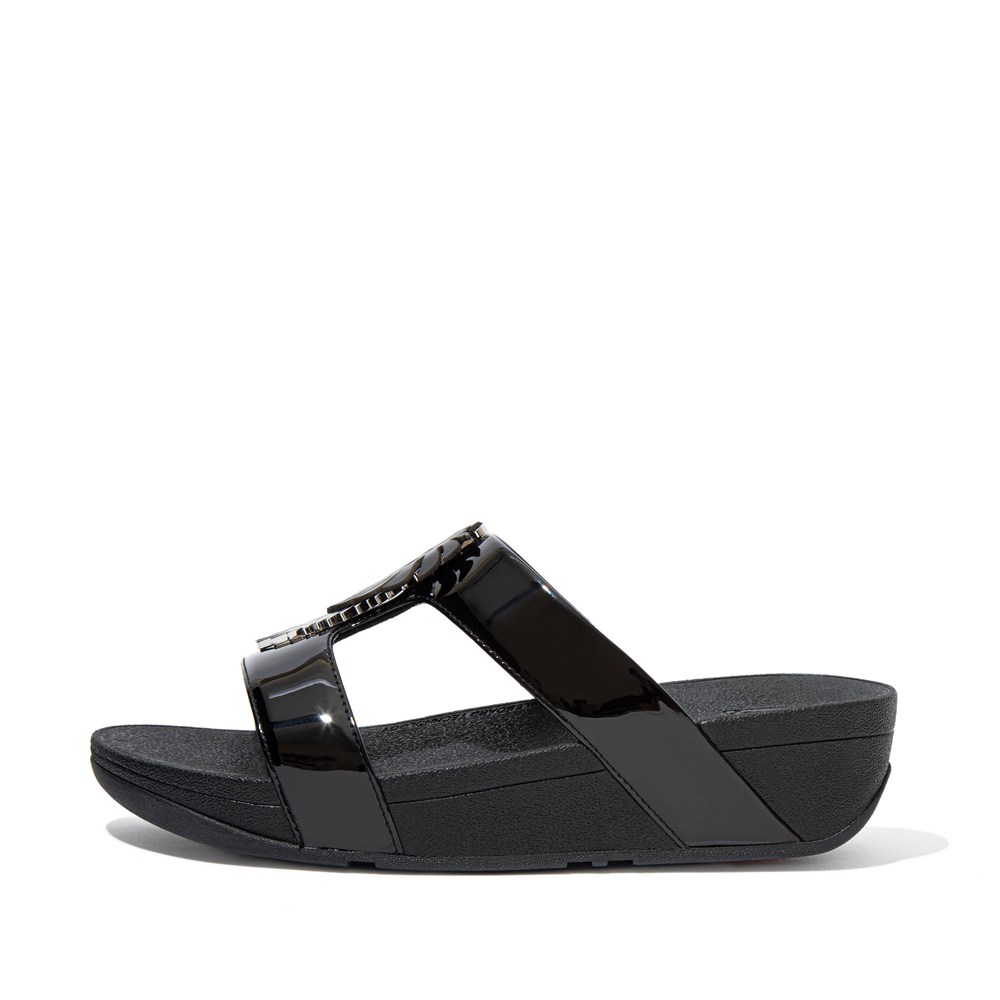 Fitflop Womens Slides Black - Lottie Jungle-leaf Patent - MI3976502